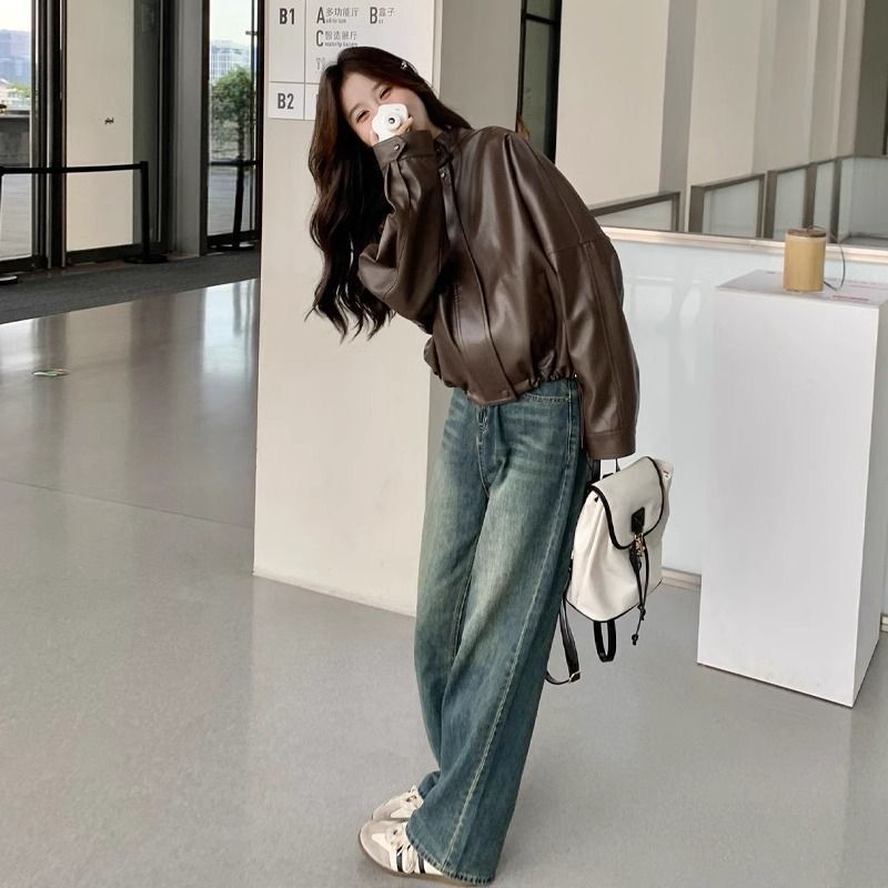 Womens Cropped American Retro Coffee-colored Leather Biker Jacket