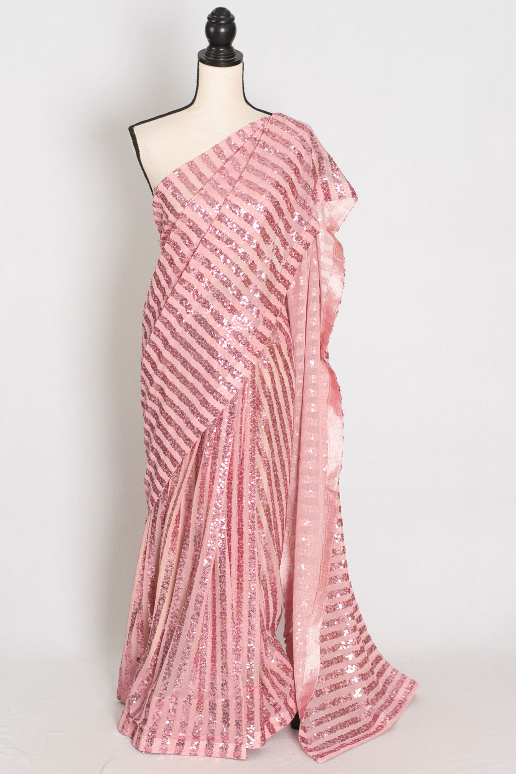 Afrin | Pink Soft Net Sequin Saree | Linear Shimmer Stripe Patterns
