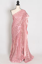 Afrin | Pink Soft Net Sequin Saree | Linear Shimmer Stripe Patterns