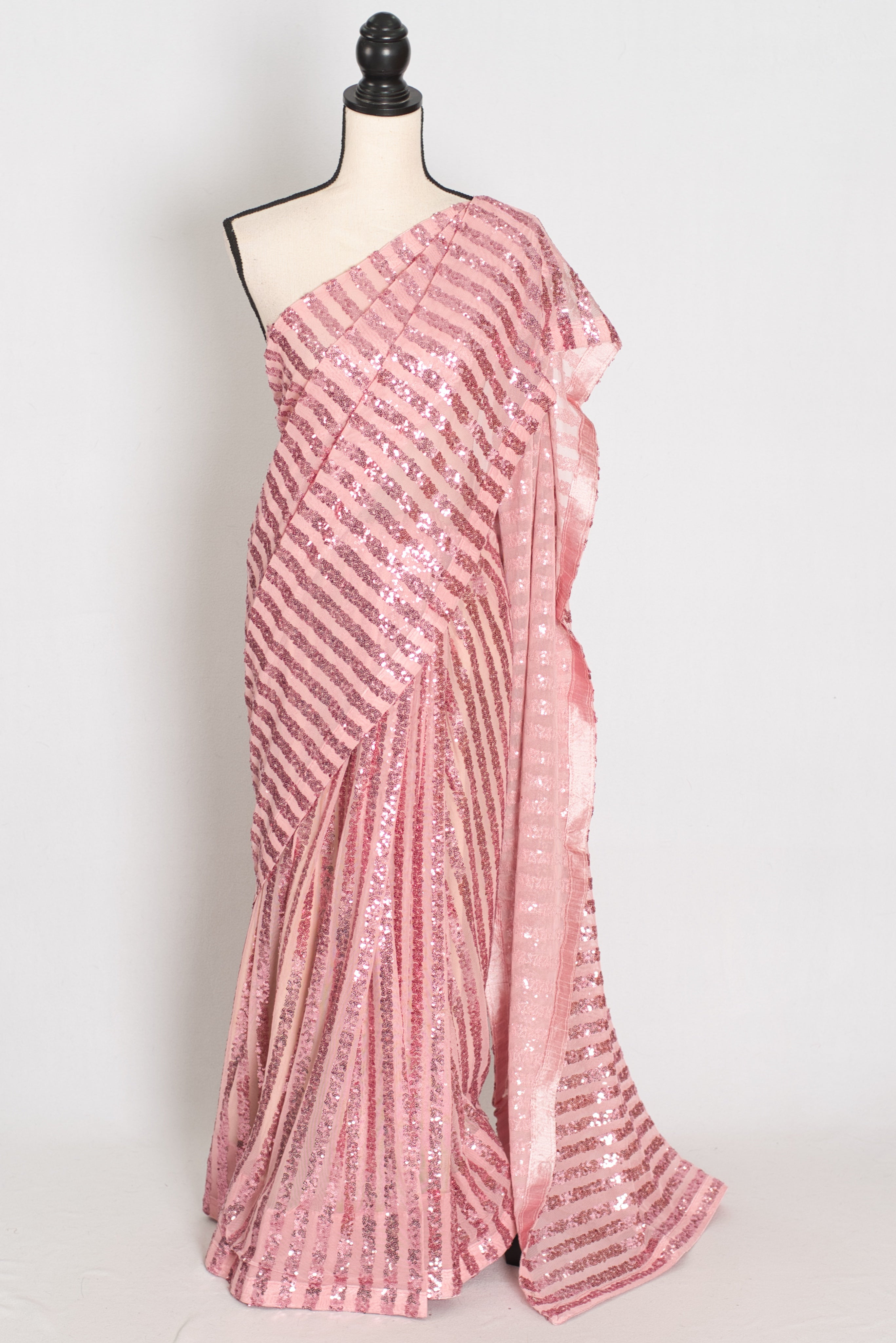 Afrin | Pink Soft Net Sequin Saree | Linear Shimmer Stripe Patterns