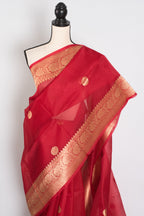 Ishq : Red and Gold Kora Organza Banarasi Saree with Stitched Blouse (Size 36)