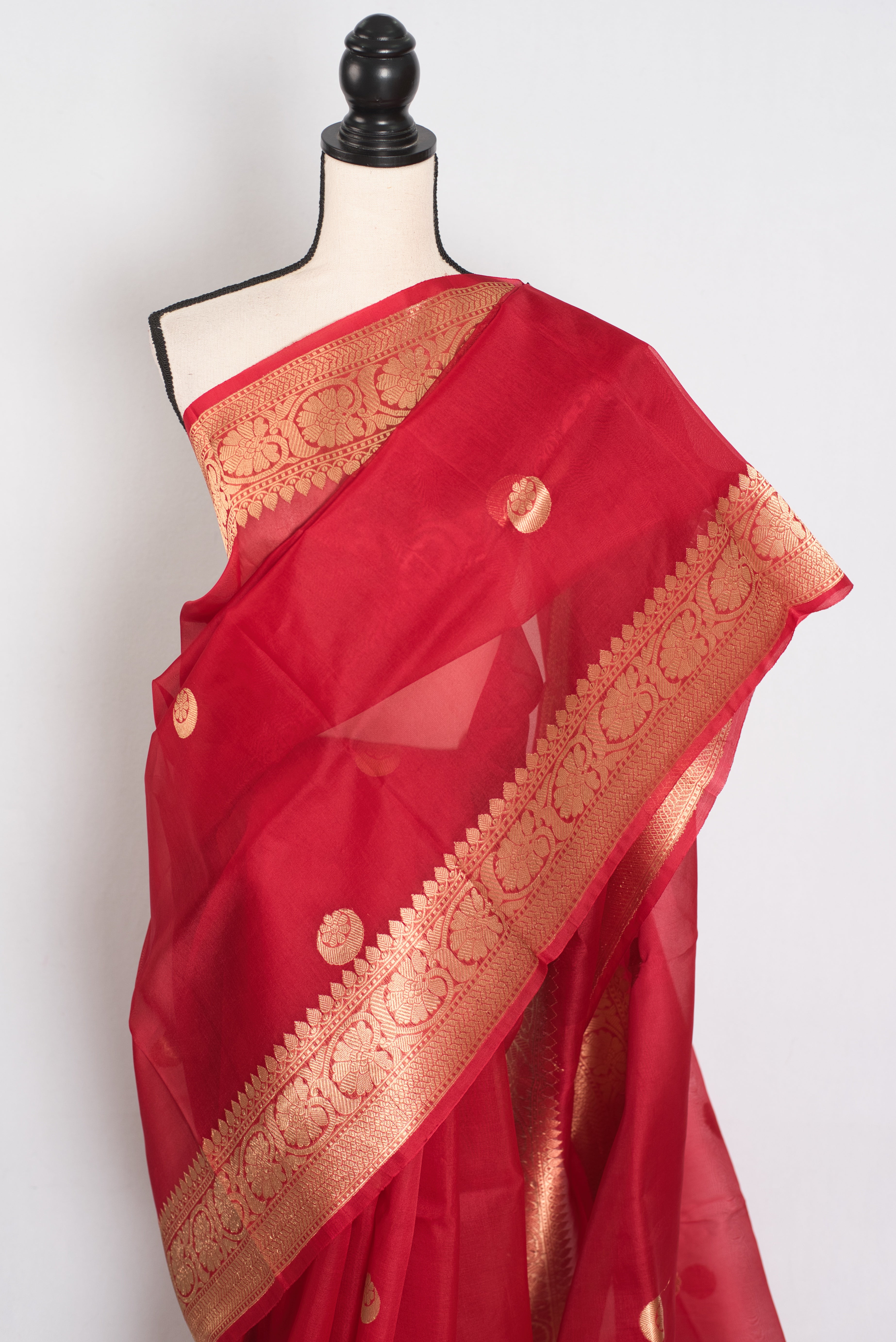 Ishq : Red and Gold Kora Organza Banarasi Saree with Stitched Blouse (Size 36)