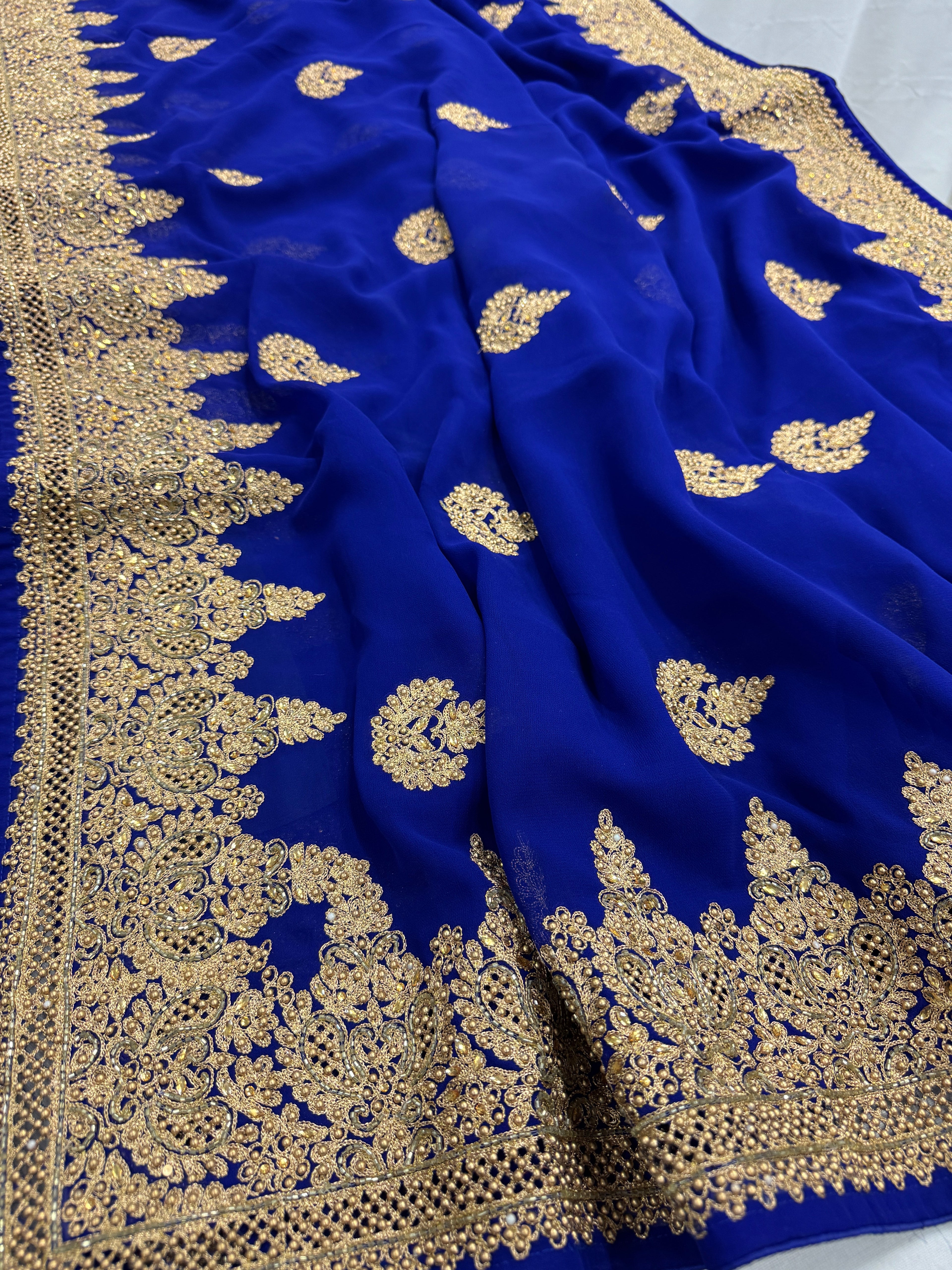 Tanima | Royal Blue and Gold Georgette Bridal Saree | Bollywood Partywear