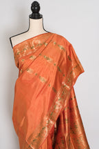 Gauri | Orange and Green Handwoven Bishnupuri Minakari Swarnachari Silk Saree