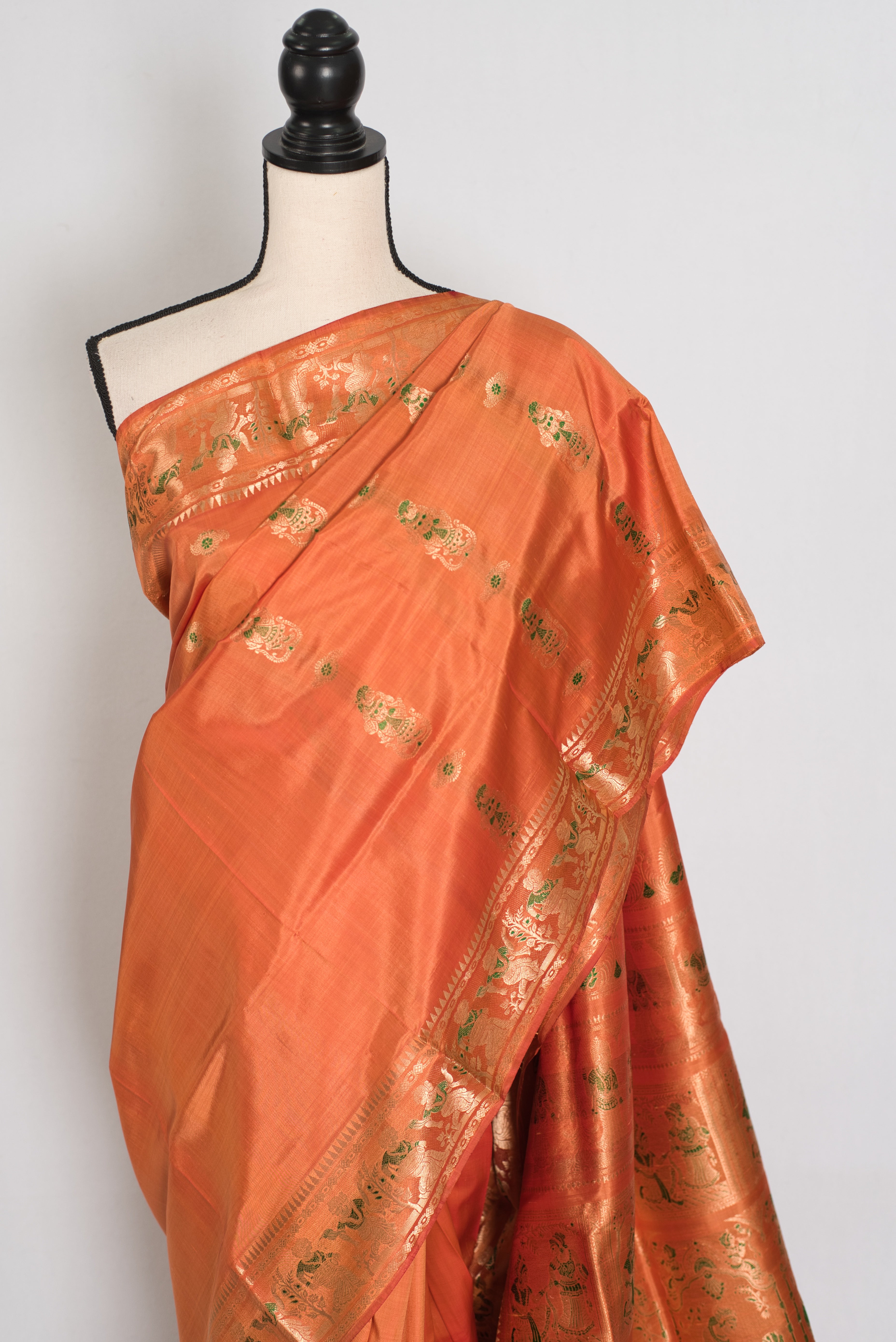 Gauri | Orange and Green Handwoven Bishnupuri Minakari Swarnachari Silk Saree