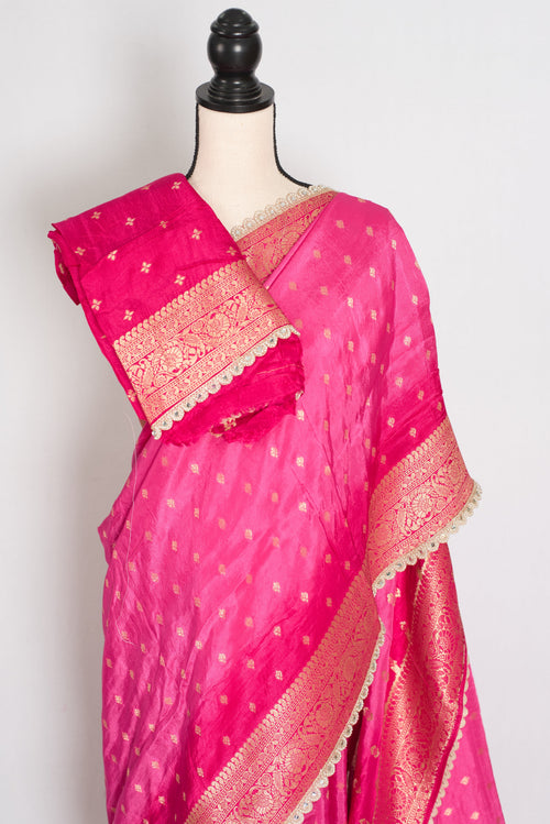 Abira | Pink & Gold Dola Silk Banarasi Saree | Designer Stitched Lace Border