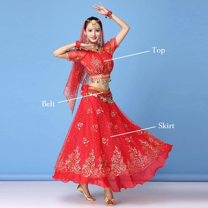 Bollywood Dress Costume Women Indian Dance Set Belly Dance Sari Clothing Belly Dance Performance Clothes Chiffon Dance Set New
