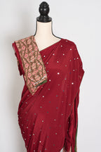 Mouli | Brick Red Mirror Work Partywear Ajrakh Saree | Soft Semi Modal Silk