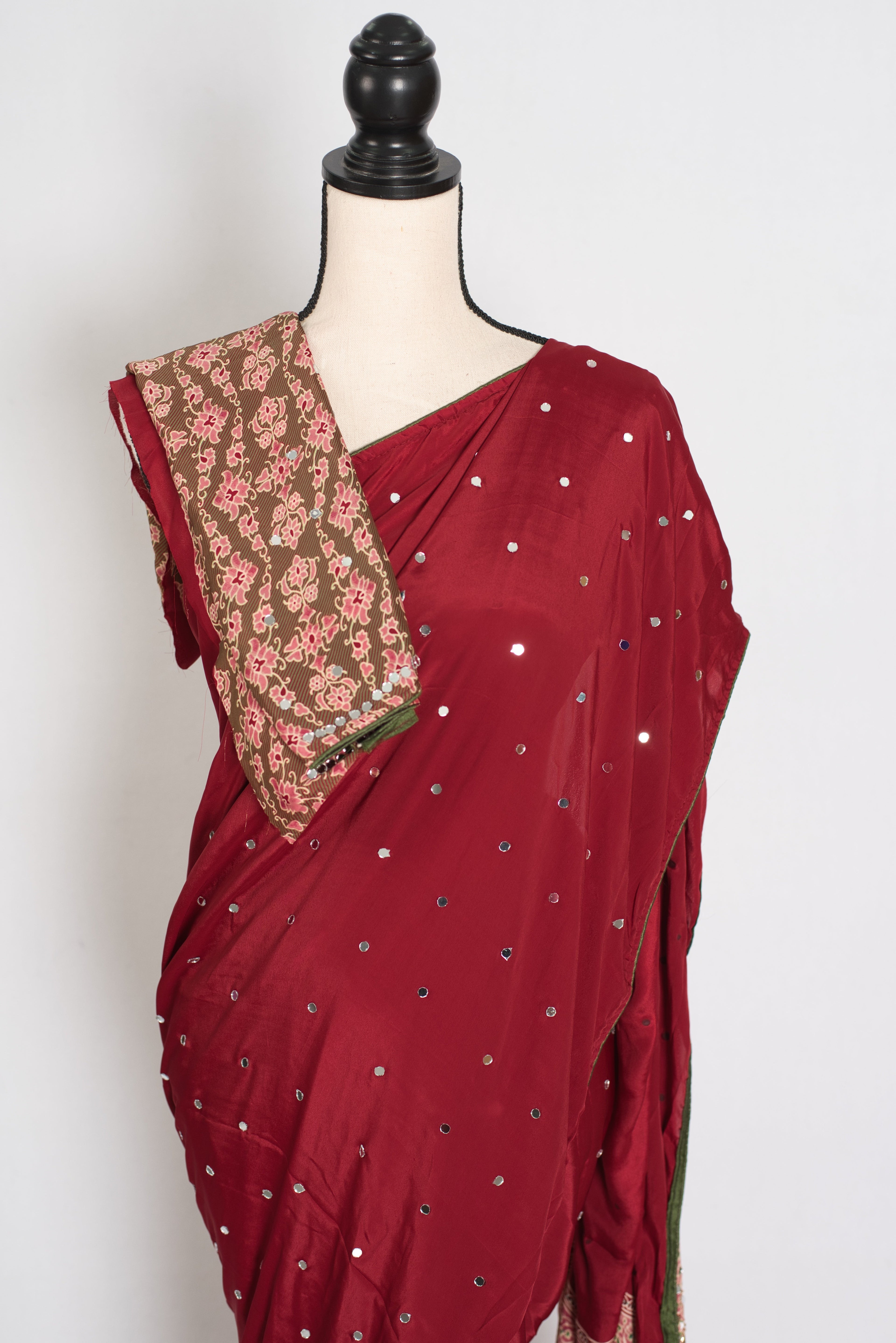 Mouli | Brick Red Mirror Work Partywear Ajrakh Saree | Soft Semi Modal Silk