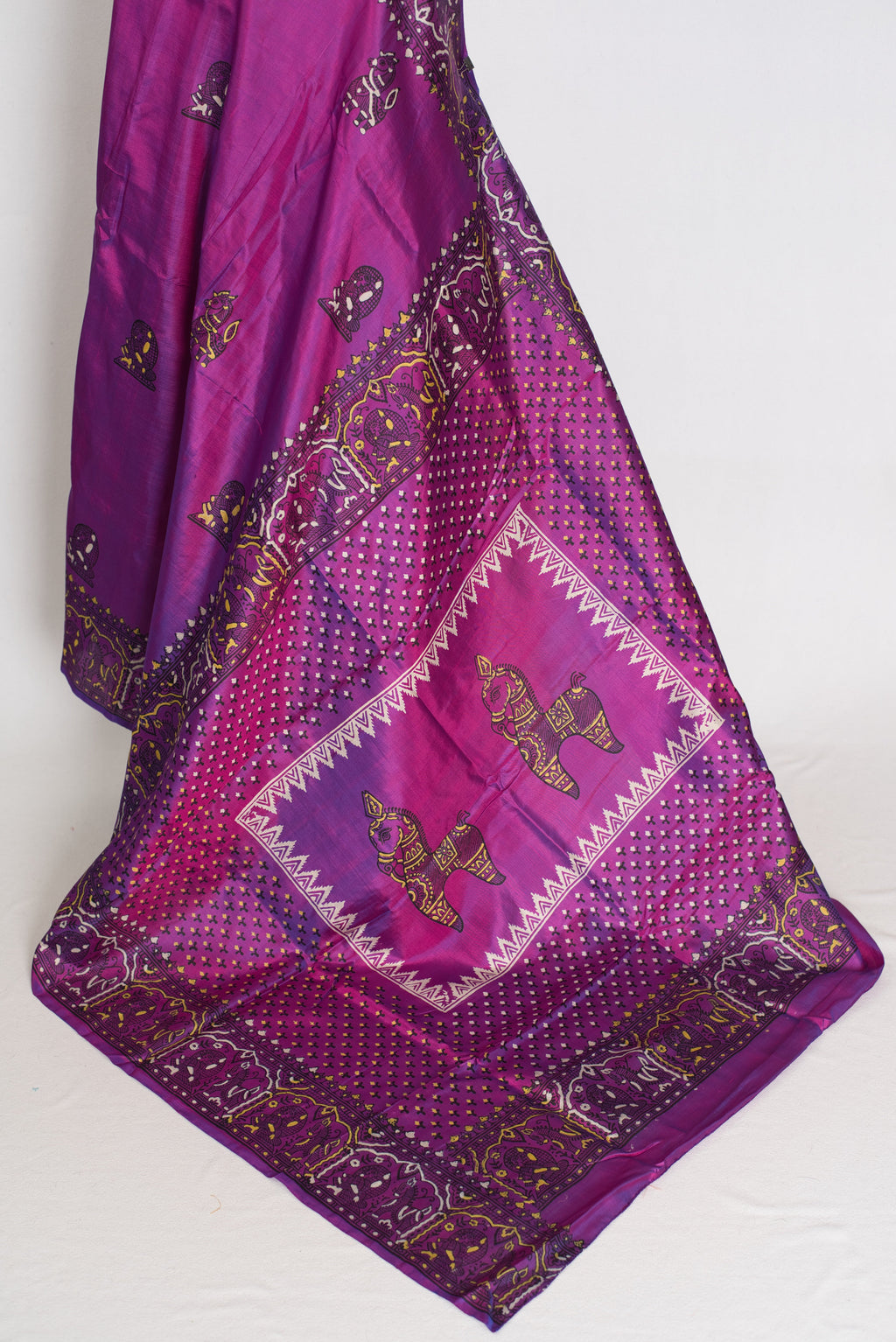 Indrani | Purple Hand Block Printed Bishnupur Katan Silk Saree | Pure Silk