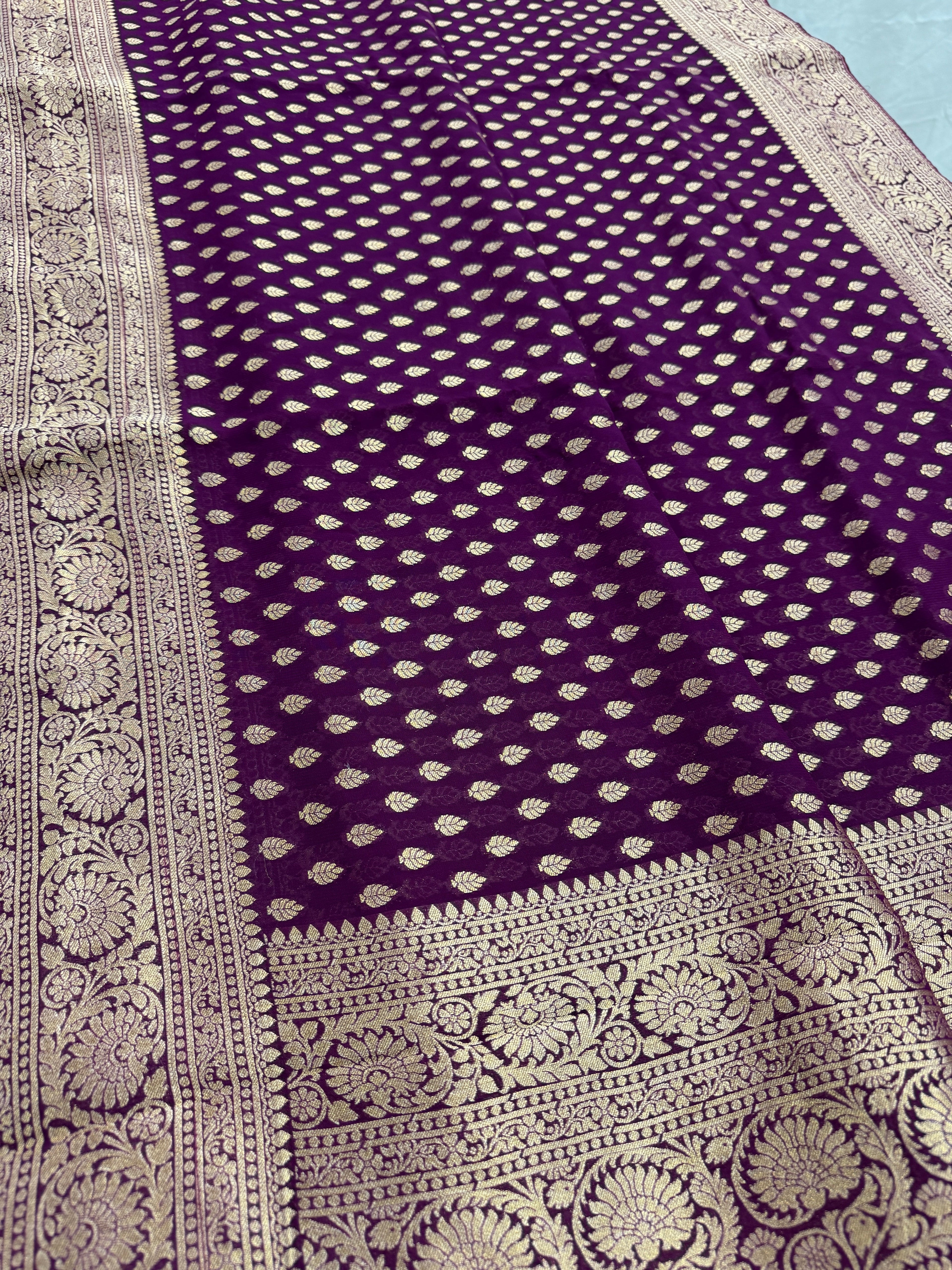 Trina : Wine and Gold Crepe Georgette Banarasi Saree