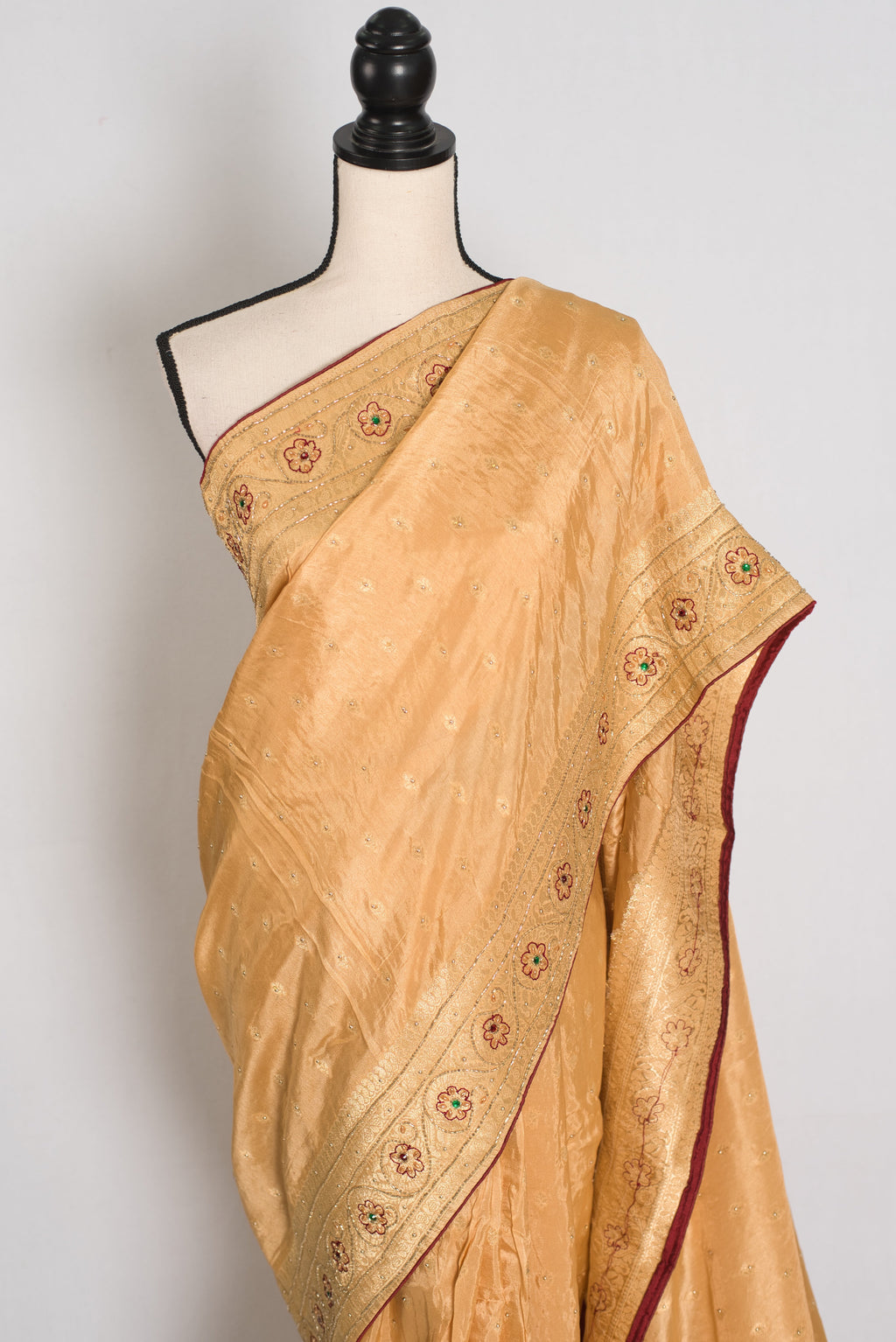 Benu : Beige and Gold Dola Silk Banarasi Saree with Hand-Embroidered Work