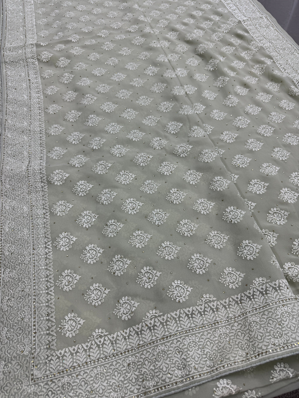 Medha | Sage Green Georgette Cocktail Saree | Elegant Pastel Floral Bootis
