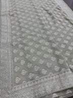 Medha | Sage Green Georgette Cocktail Saree | Elegant Pastel Floral Bootis