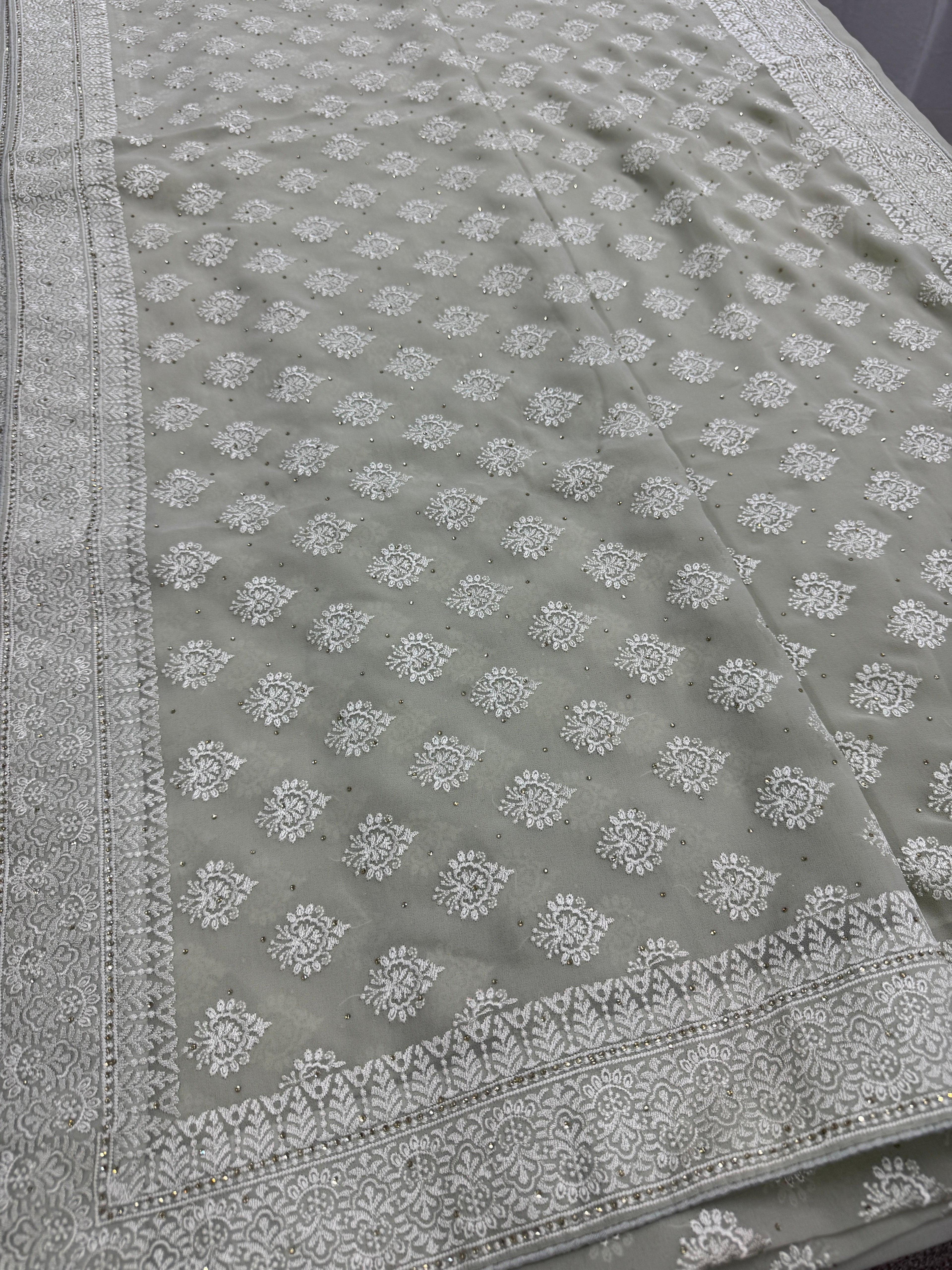 Medha | Sage Green Georgette Cocktail Saree | Elegant Pastel Floral Bootis