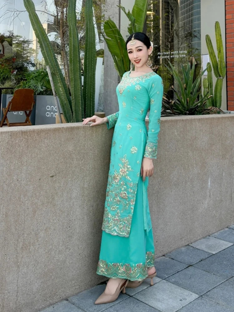 Female Indian Traditional Dance Dress Long Sleeve Tops Pants Bollywood Dance Saree Veil Suit Belly Dance Stage Clothing DQL10759