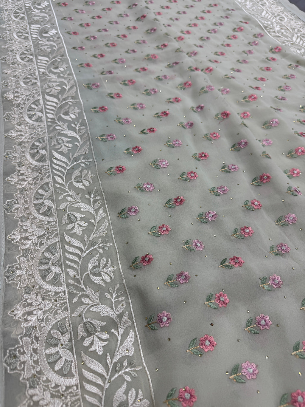 Siya | Light Sage Green Georgette Partywear Saree | Pastel Floral Embroidery