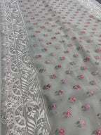 Siya | Light Sage Green Georgette Partywear Saree | Pastel Floral Embroidery