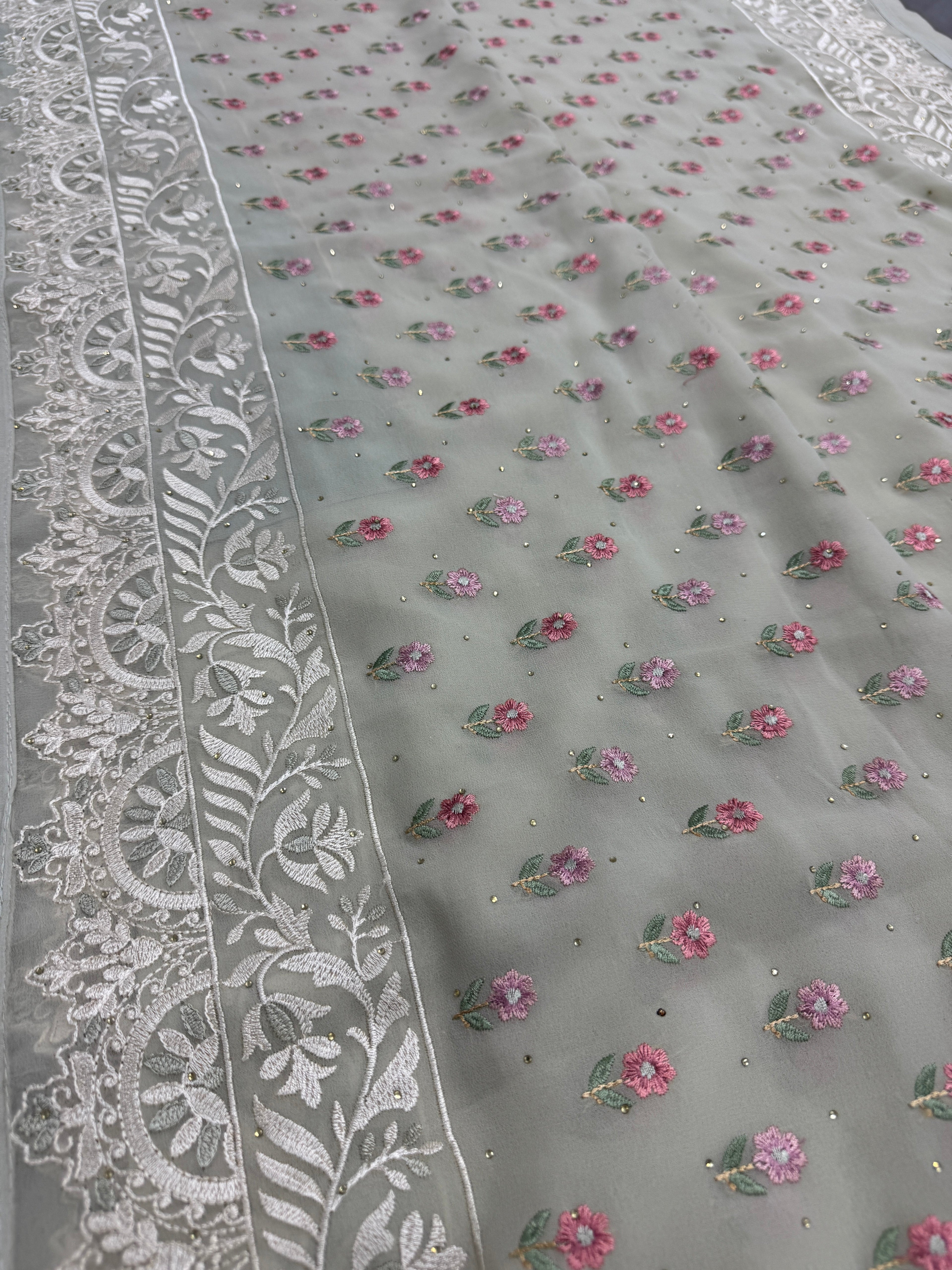 Siya | Light Sage Green Georgette Partywear Saree | Pastel Floral Embroidery