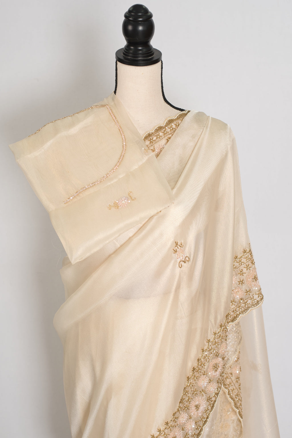Shruti | Cream & Gold Soft Tissue Embroidered Wedding Saree | Pastel Collection