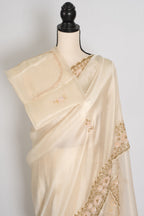 Shruti | Cream & Gold Soft Tissue Embroidered Wedding Saree | Pastel Collection