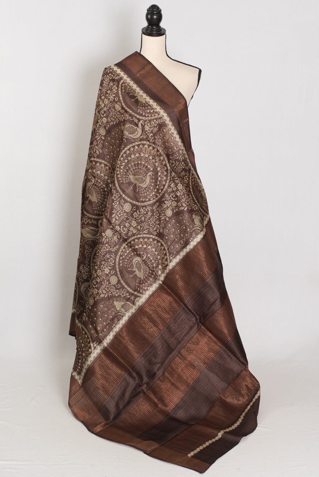 Kala | Earthy Brown Pure Tussar Silk Saree | Heritage Kalamkari Art Prints