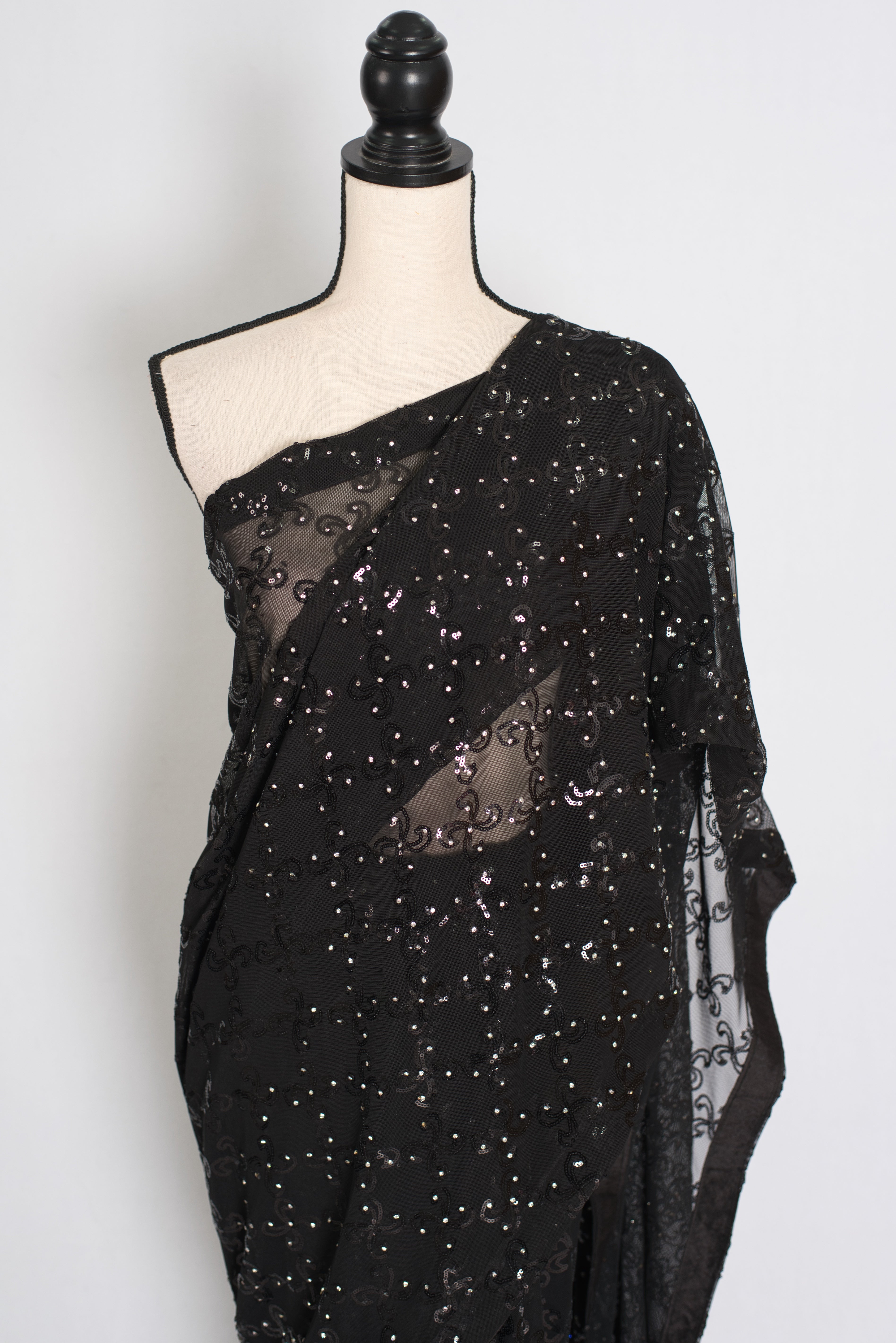 Kajaal | Black Soft Net Fitted Cocktail Saree| Sequins & Stone Embellishments