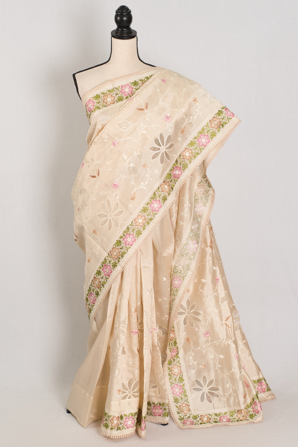 Shreya: Cream Semi Tussar Silk Saree with Multi-Color Cut Work Embroidery