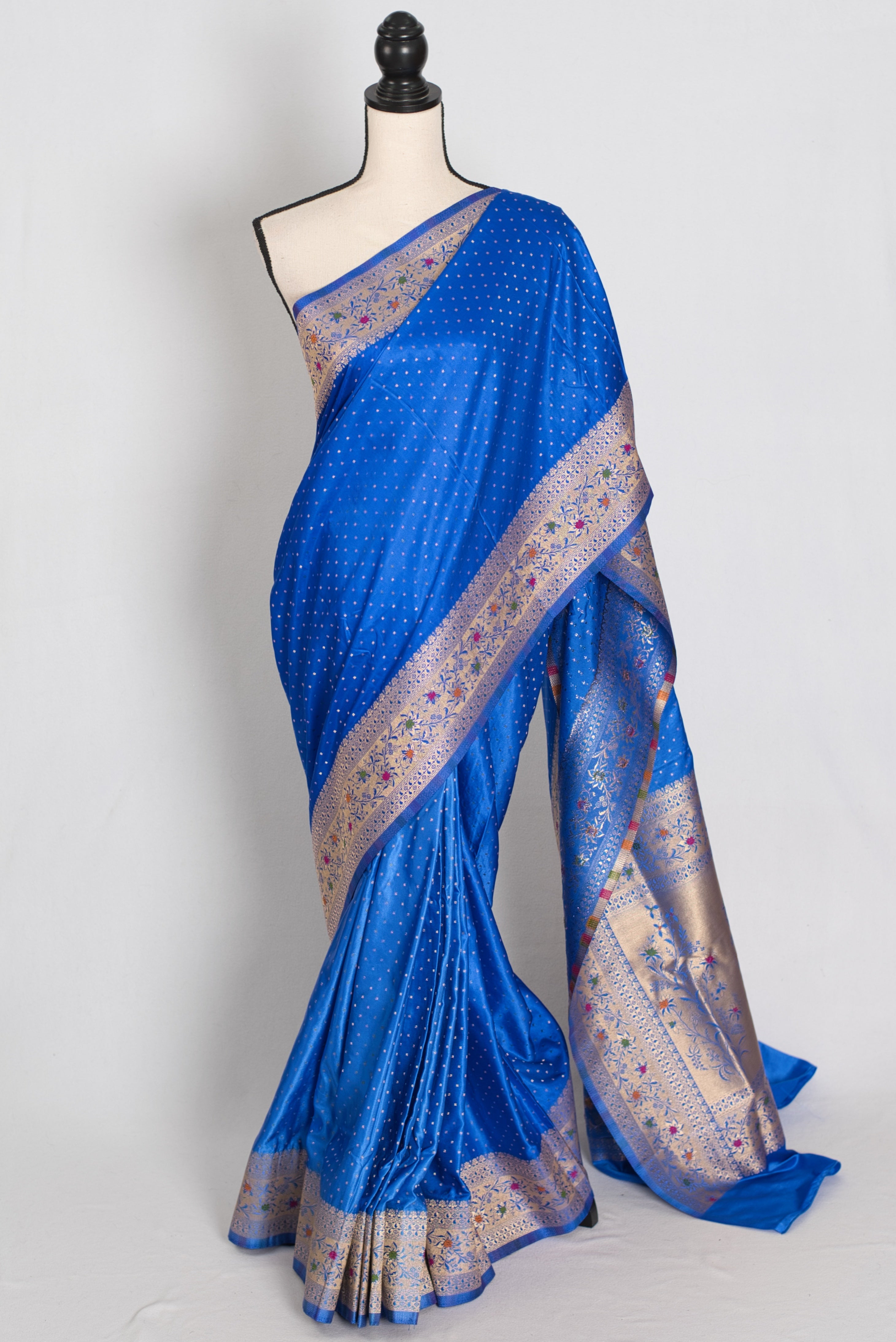 Nila | Blue Semi Mashru Banarasi Saree | Pre-Stitched Size 42 Brocade Blouse