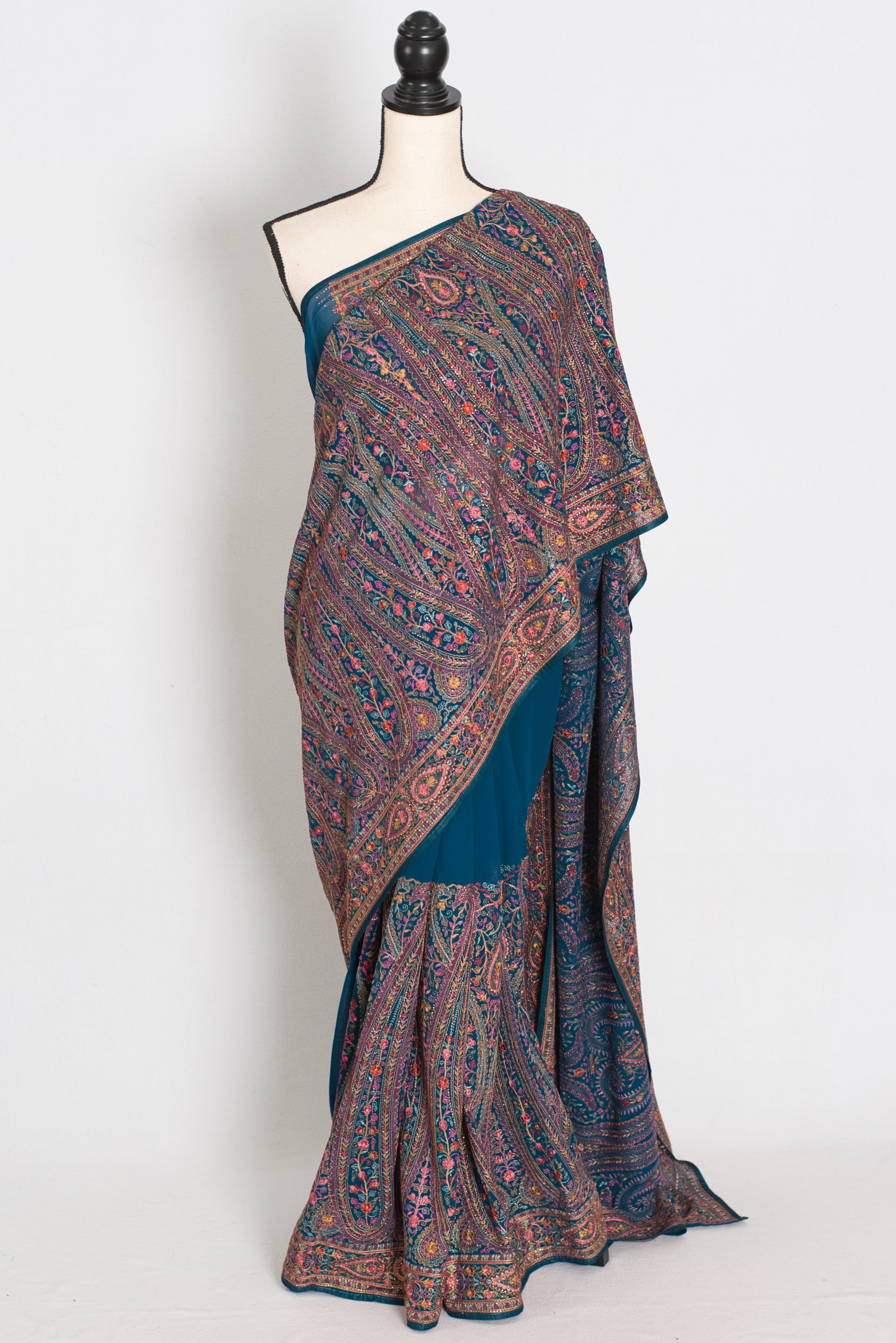 Mira | Cobalt Blue Georgette Saree | All-Over Multicolor Kashmiri Embroidery
