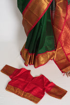 Latha : Bottle Green and Red Cotton Silk Kanjivaram Saree with 36 Size Blouse
