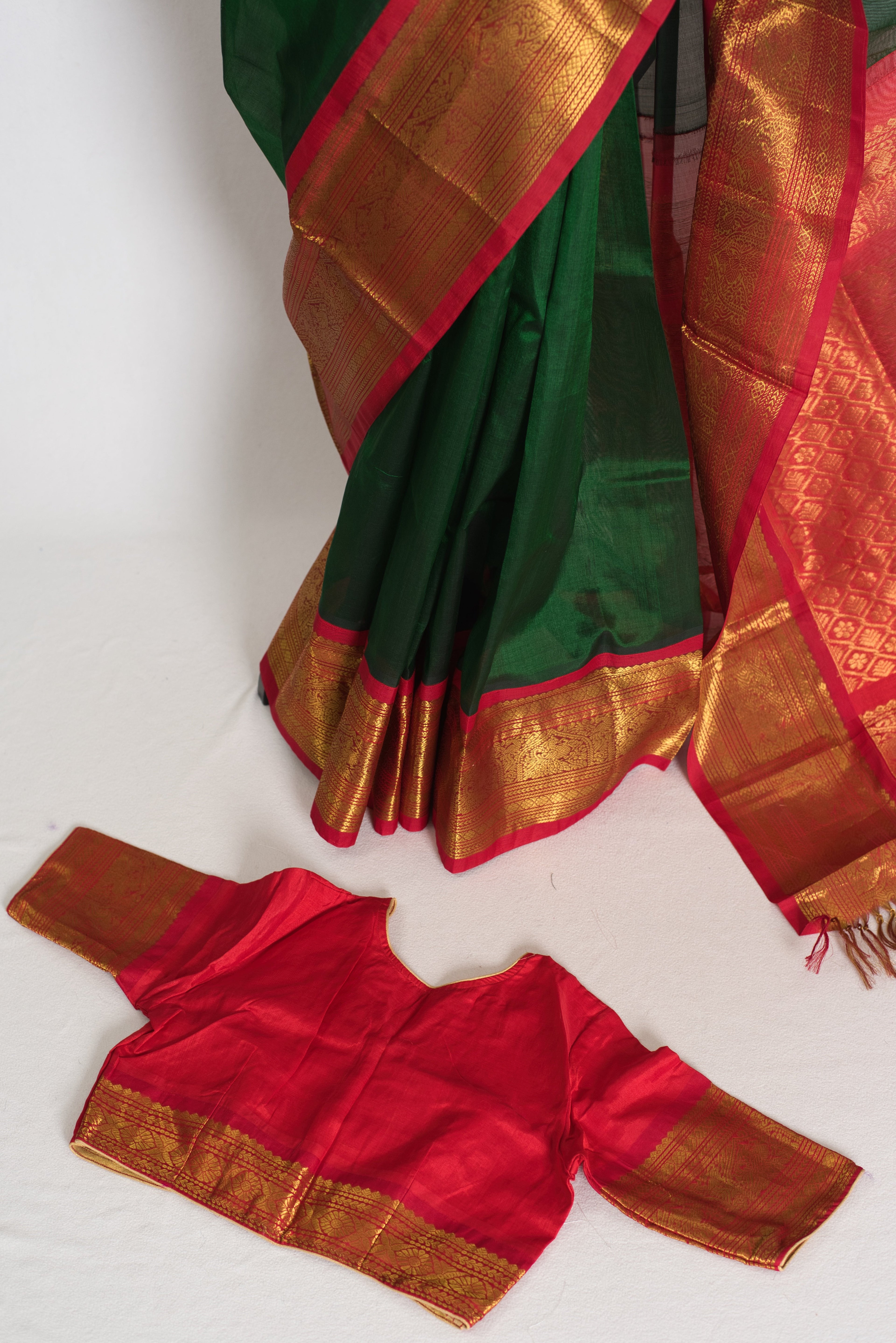 Latha : Bottle Green and Red Cotton Silk Kanjivaram Saree with 36 Size Blouse