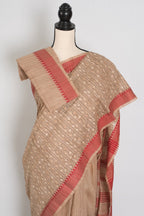 Dhriti : Beige & Red Machine Embroidery Kantha Saree | Traditional Bengali Look