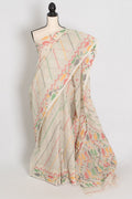 Durga: Cement White Bengal Cotton Jamdani Saree with Blouse
