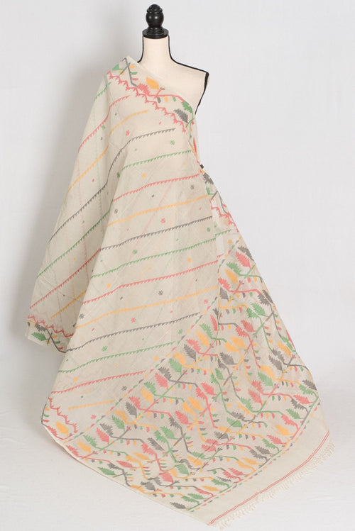 Durga: Cement White Bengal Cotton Jamdani Saree with Blouse