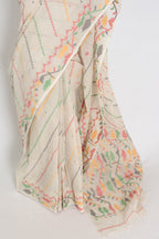 Durga: Cement White Bengal Cotton Jamdani Saree with Blouse