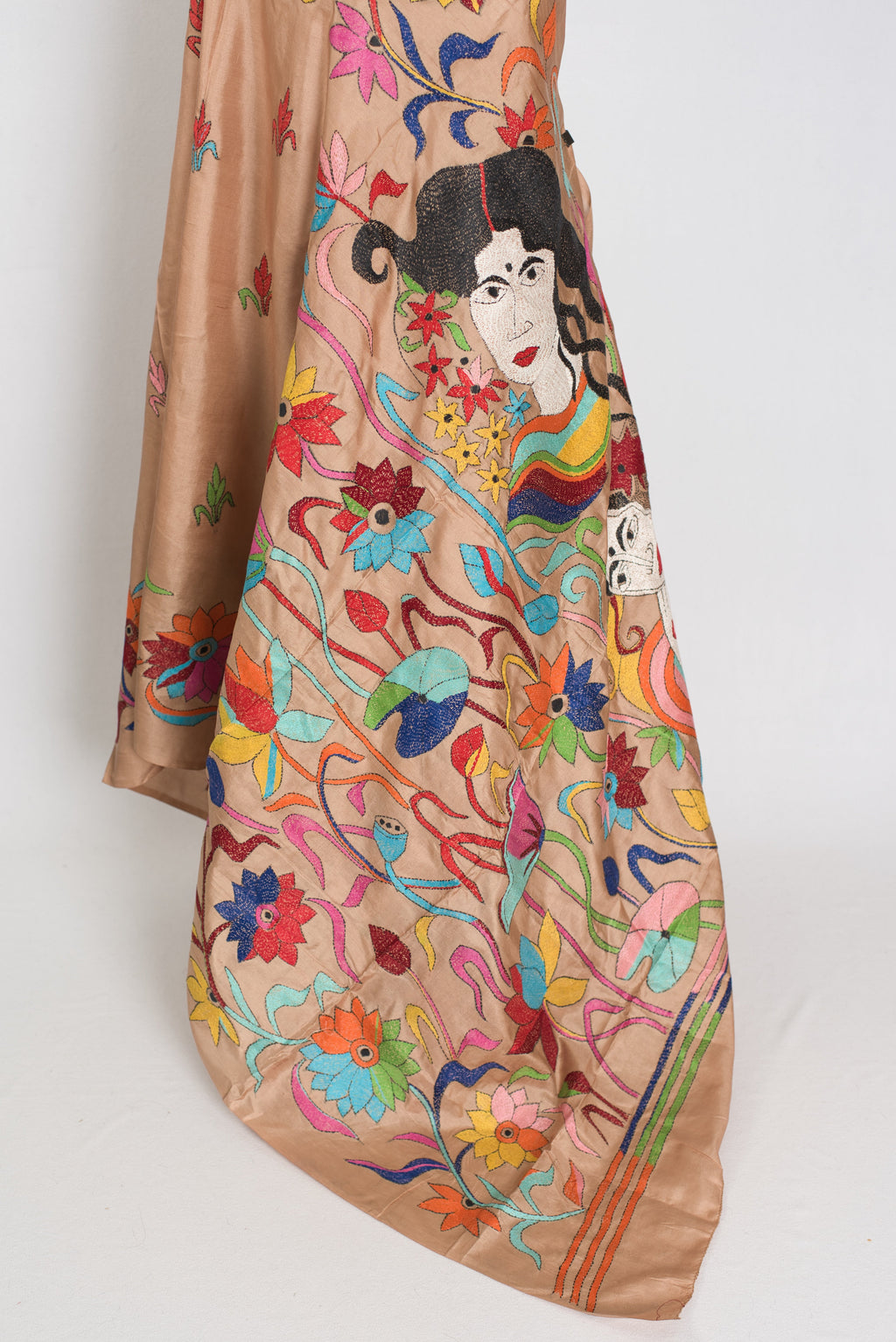 Malati: Silk Mark Certified Hand Embroidery Kantha Silk Saree in Brown