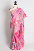 Amira : Pink Blended Silk Saree with Hand Embroidery Lambani Work Saree