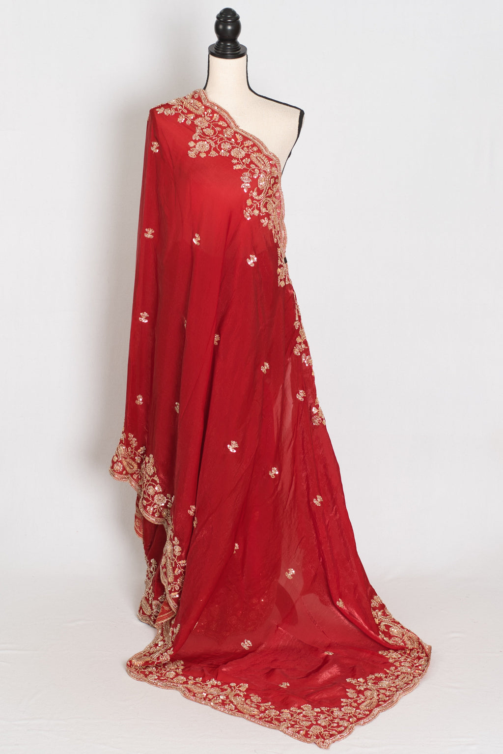Roshni | Bright Red Tissue Saree | Pre-Stitched Size 40 Blouse