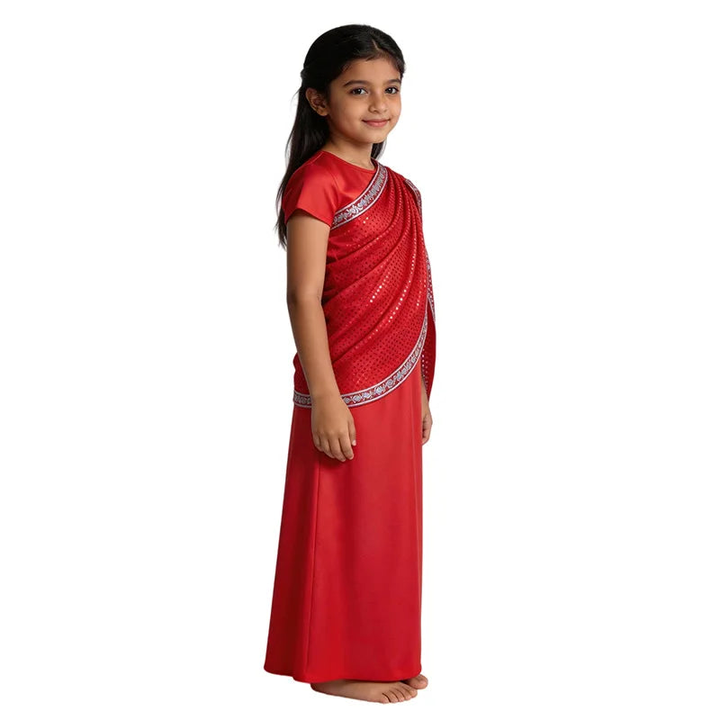 Girls Red Indian Ethnic Sequin Gown Kids Traditional Saree Dress Children Diwali Wedding Carnival Stage Performance Costume