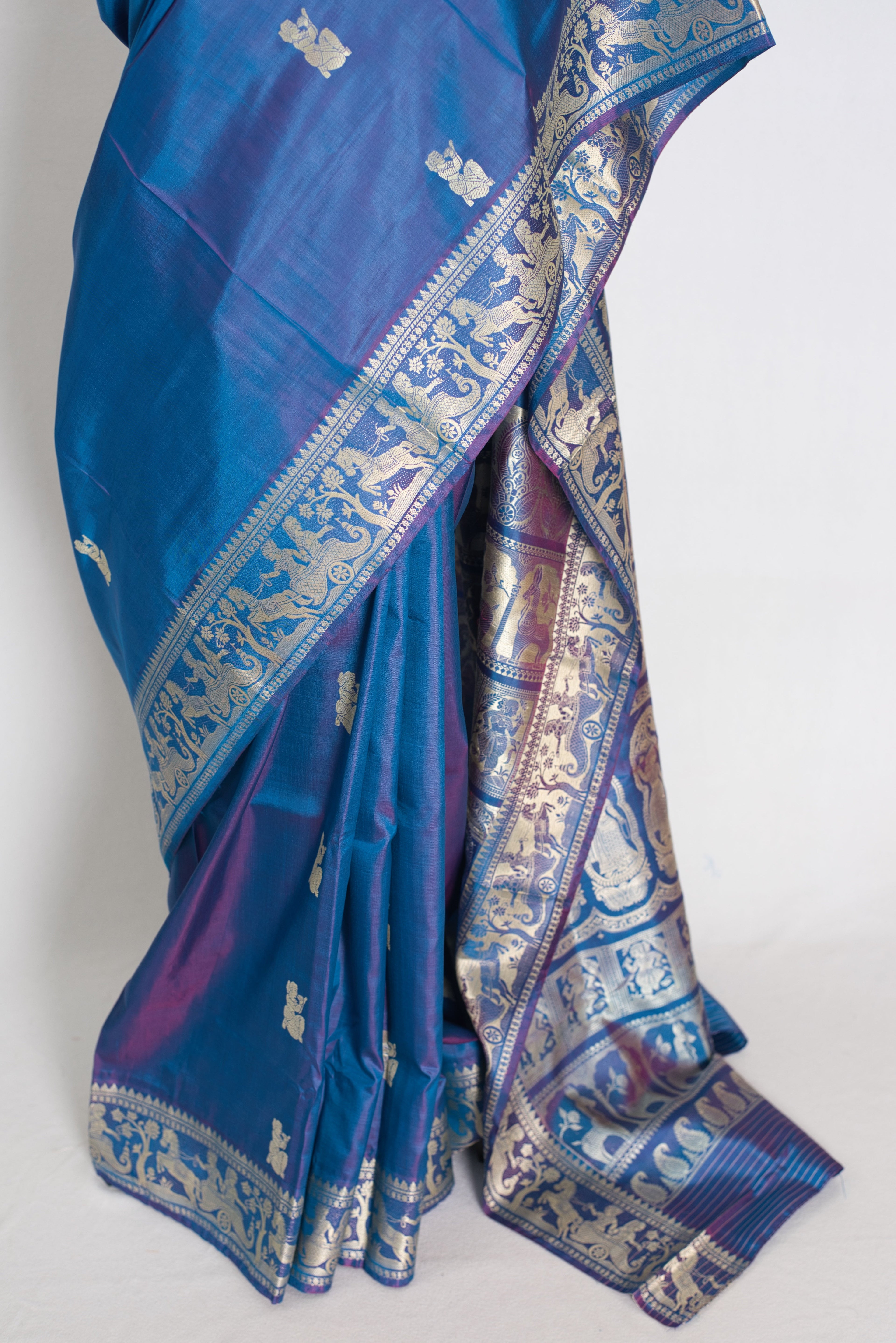 Arpita | Peacock Blue and Cream Handwoven Baluchari Silk Saree