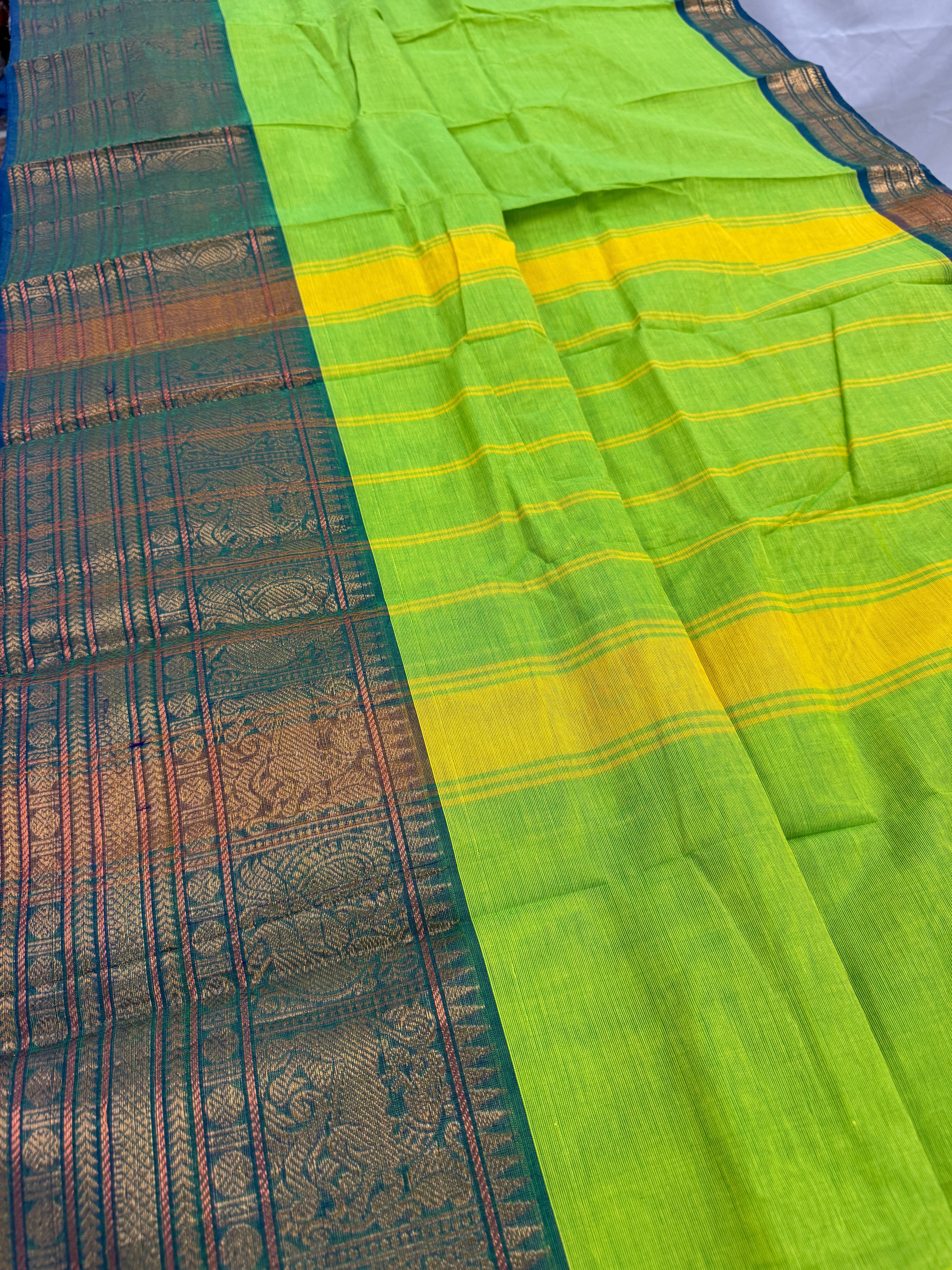 Nalini : Handwoven Kanchi Cotton Saree in Bright Green and Blue