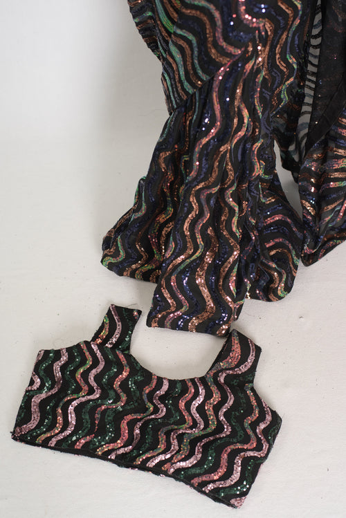 Emi | Black Sequin Cocktail Saree | Partywear with Pre-Stitched Size 38 Blouse