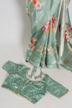 Soma : Sea Green Floral Banarasi Katan Silk Saree with 40 Size Stitched Blouse