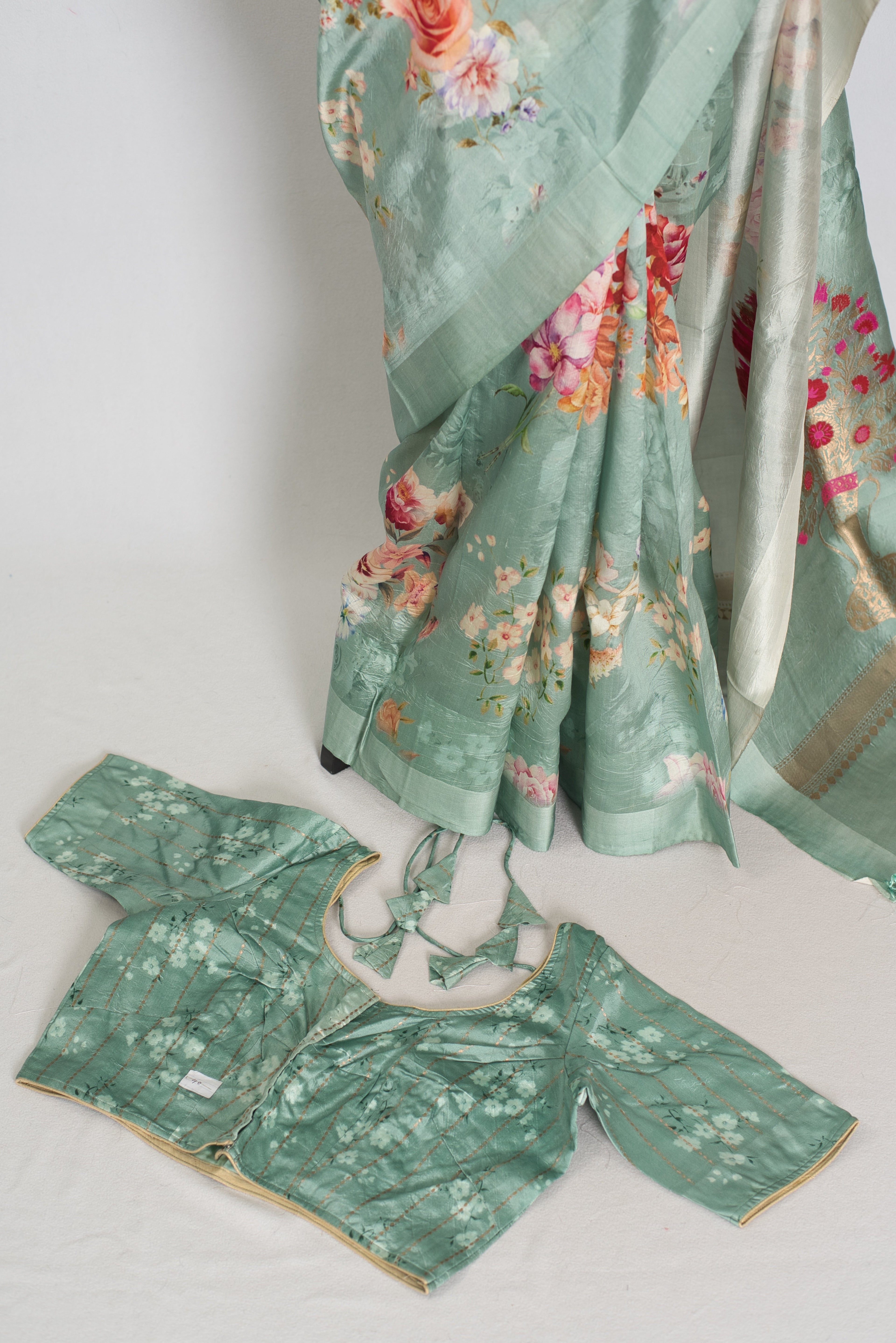 Soma : Sea Green Floral Banarasi Katan Silk Saree with 40 Size Stitched Blouse