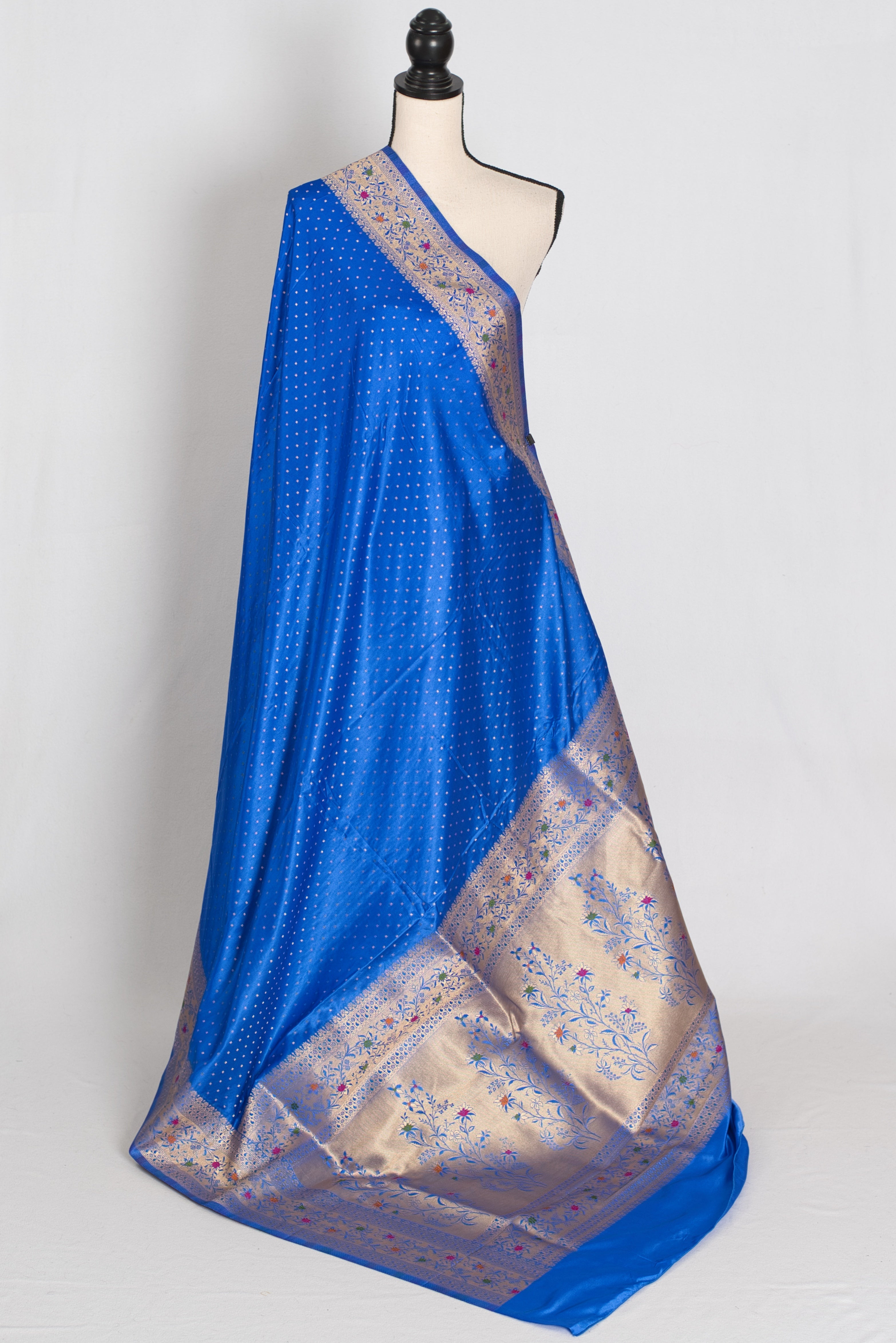 Nila | Blue Semi Mashru Banarasi Saree | Pre-Stitched Size 42 Brocade Blouse