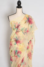 Sia : Light Yellow Floral Printed Chiffon Saree - Budget-Friendly Summer Drape