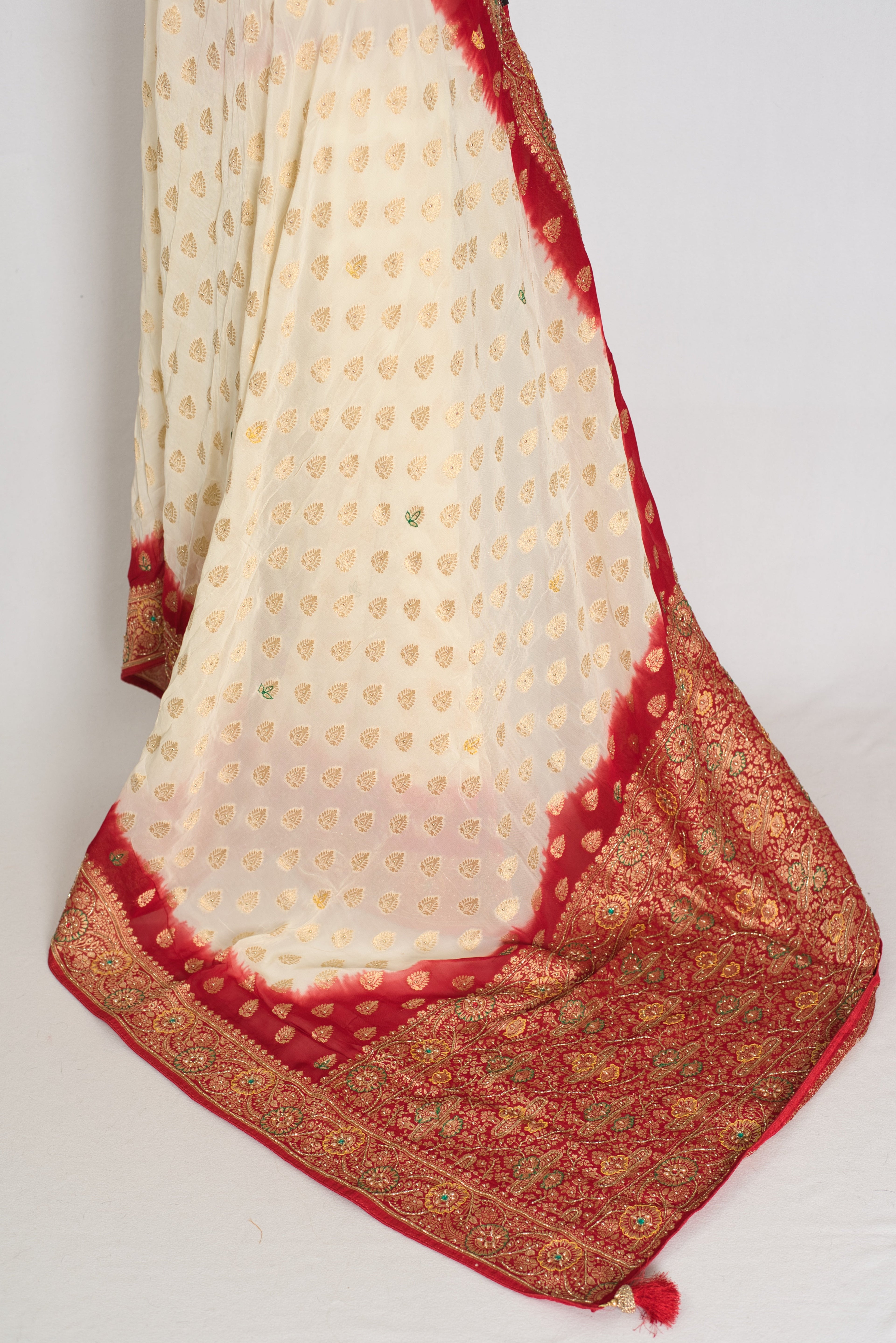 Maya | Off-White & Red Crepe Georgette Banarasi Saree | Bengali Look