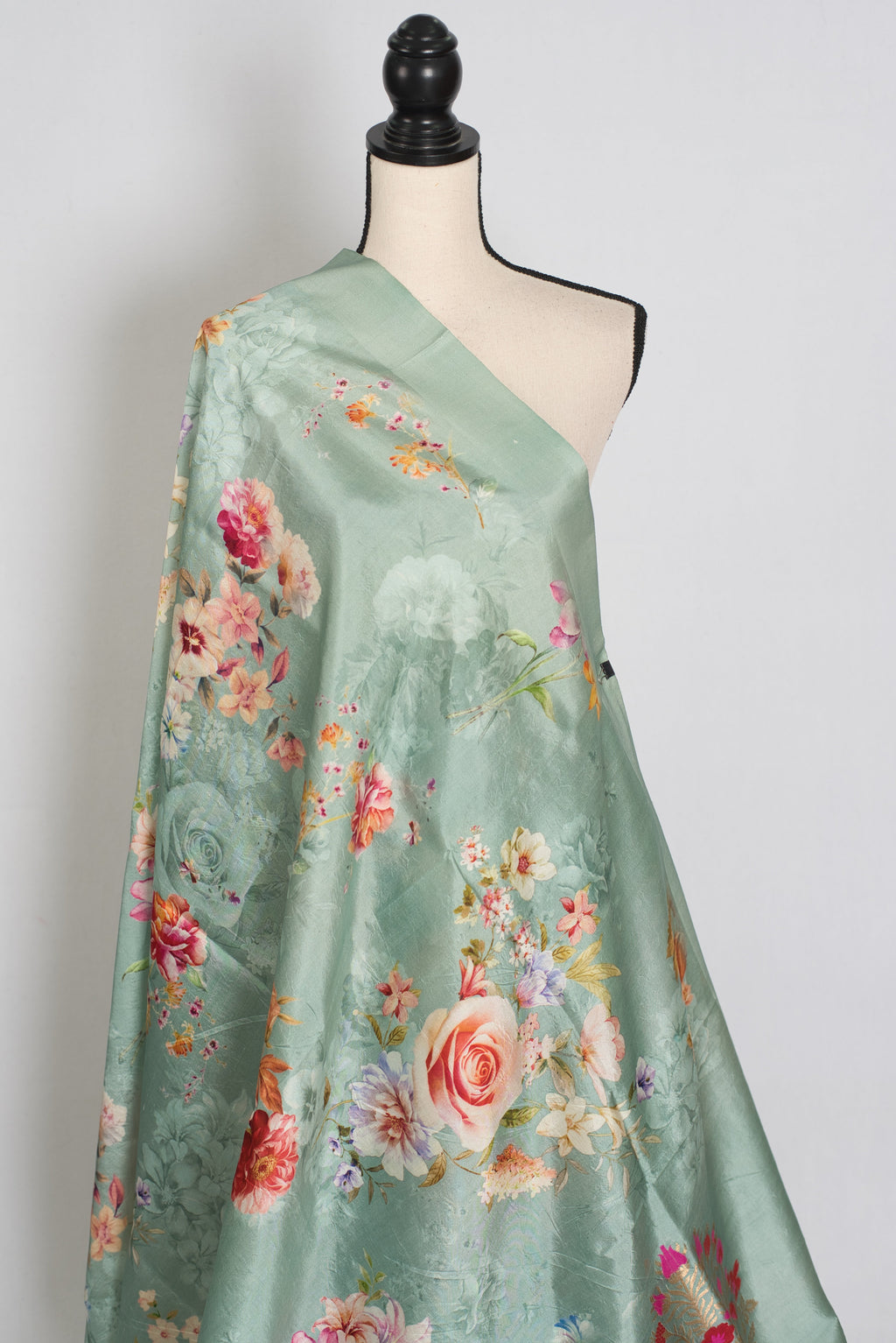 Soma : Sea Green Floral Banarasi Katan Silk Saree with 40 Size Stitched Blouse