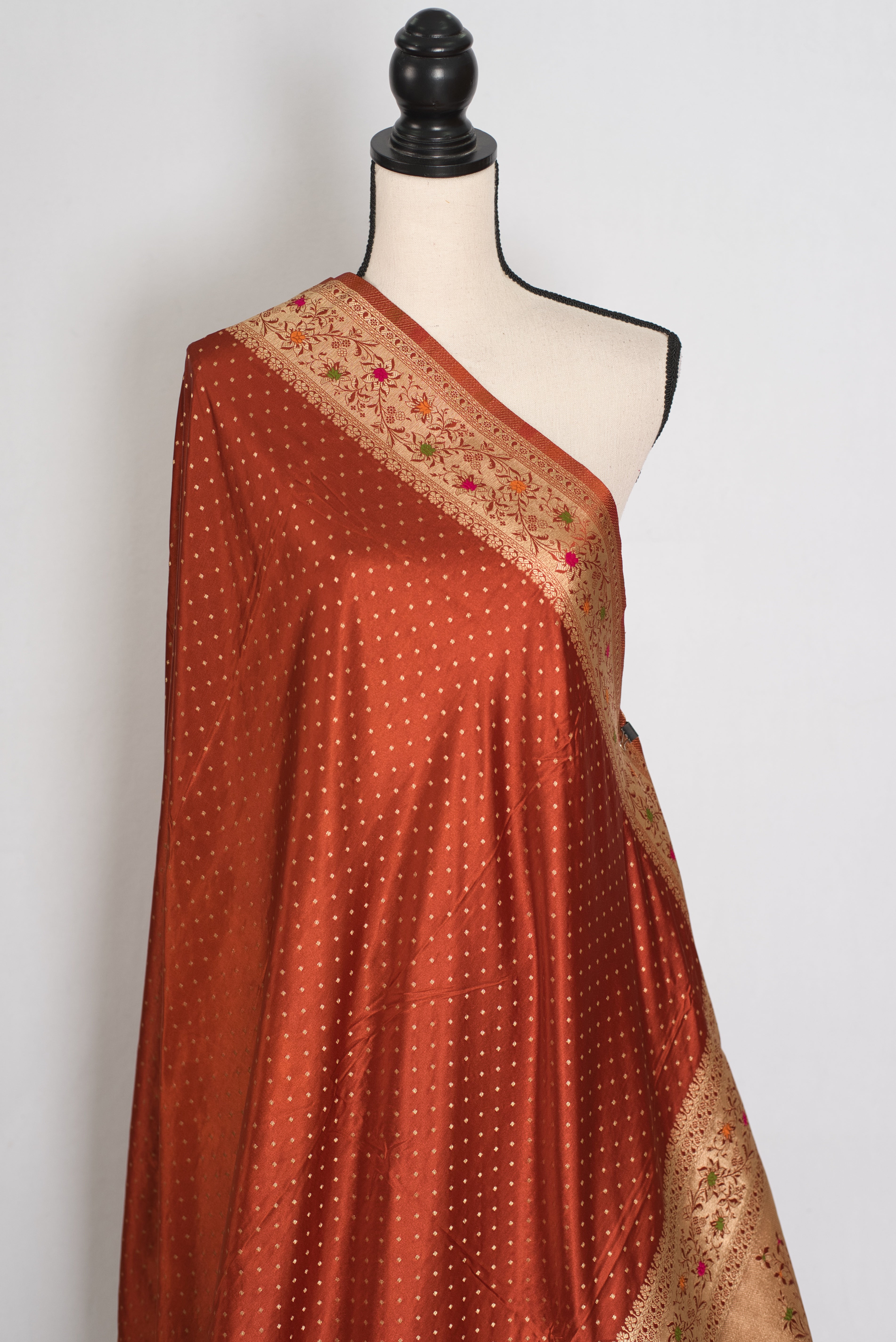 Nina | Rust Orange Semi Mashru Banarasi Saree | Pre-Stitched Size 40 Blouse